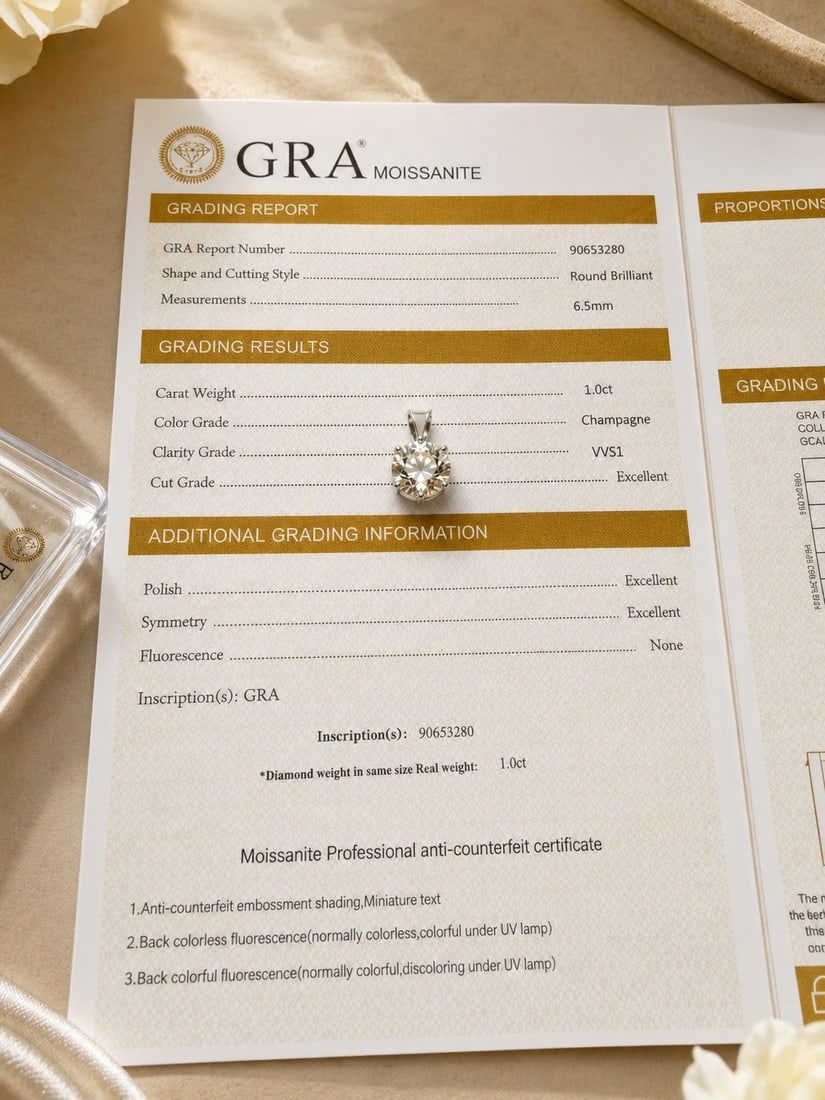 925 Sterling Silver Pendant with 1.0ct Champagne Moissanite – GRA Certificate: Title: 925 Sterling Silver Pendant with 1.0ct Champagne Moissanite – GRA Certificate Description: Elegant pendant crafted in 925 sterling silver, set with a 1.0ct round brilliant champagne mo