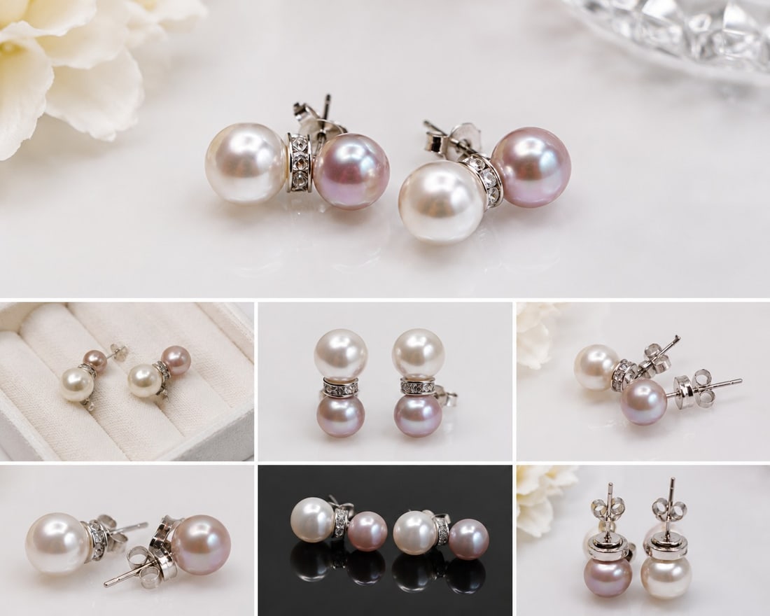 Double Pearl Stud Earrings with Crystal Detail: Title: Double Pearl Stud Earrings with Crystal Detail Description: Elegant pair of double pearl-style stud earrings featuring white and soft pink pearls with sparkling crystal accents. Finished with