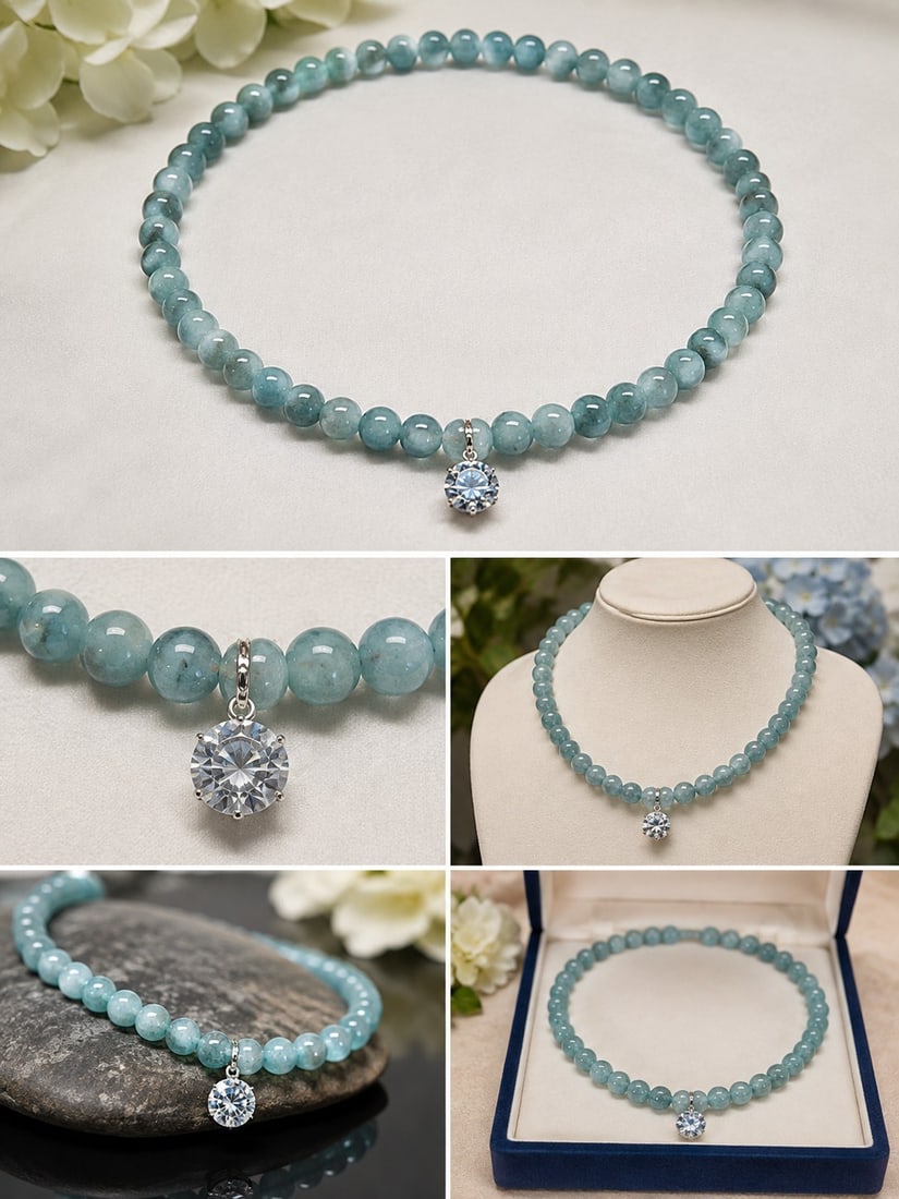 Blue Beaded Necklace with Moissanite Pendant: Title: Blue Beaded Necklace with Moissanite Pendant Description: Elegant necklace featuring polished blue gemstone beads and a sparkling round moissanite pendant. The moissanite is accompanied by a