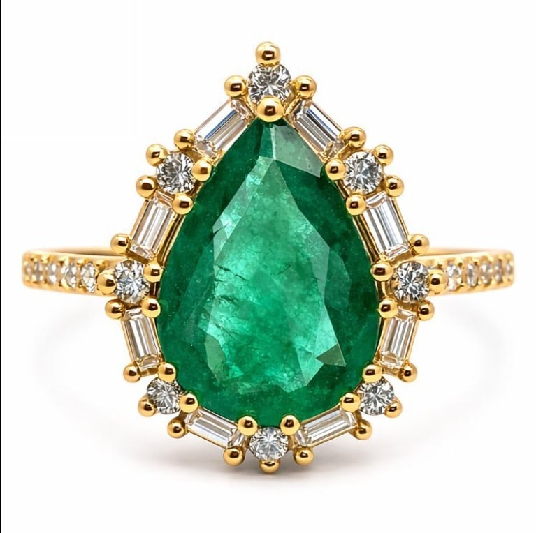 Ring - 14 kt. Yellow Gold - 3.85ct. tw. Emerald - Diamond - IGI Certified (1 of 6)