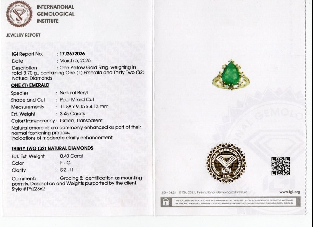 Ring - 14 kt. Yellow Gold - 3.85ct. tw. Emerald - Diamond - IGI Certified - 6