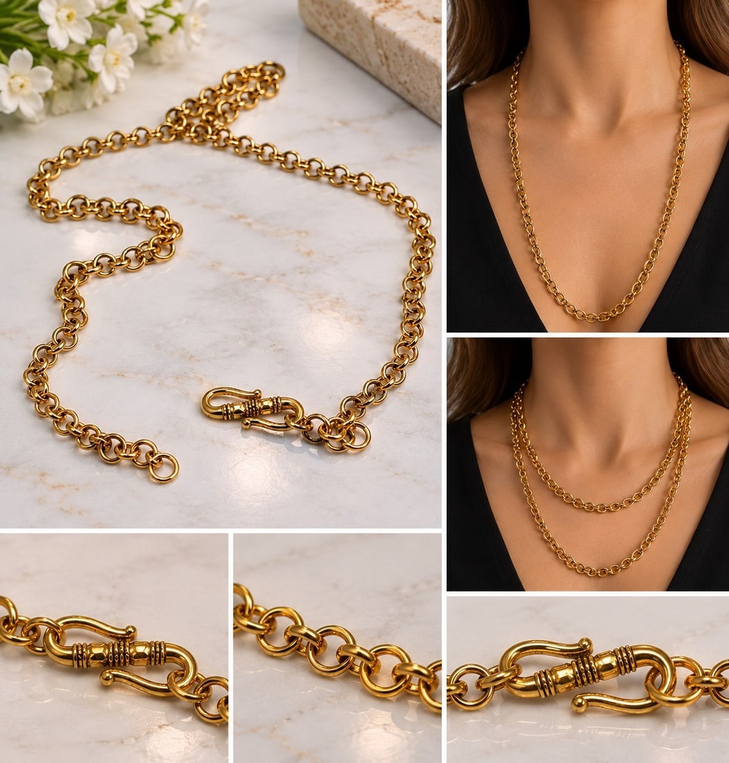 Gold Tone Long Chain Necklace – 78 cm: Title: Gold Tone Long Chain Necklace – 78 cm Description: Elegant long gold-tone chain necklace featuring classic round links and a decorative S-shaped hook clasp. The necklace measures