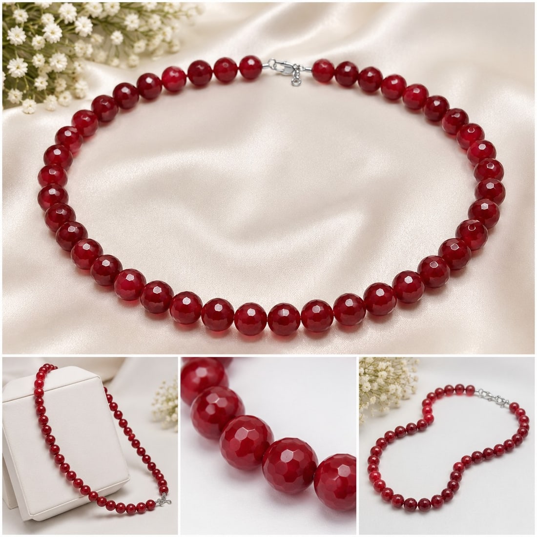 Red Faceted Beaded Necklace - 10mm: Title: Red Faceted Beaded Necklace - 10mm Description: Elegant necklace featuring 10mm round faceted red beads with a rich glossy finish. Completed with a silver-tone clasp, creating a classic and