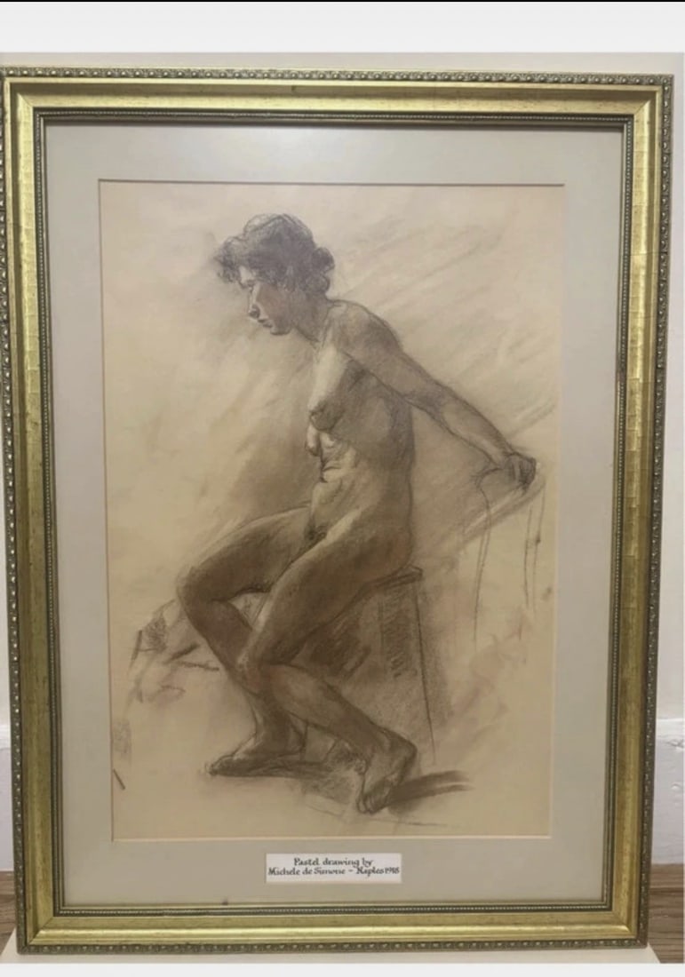 Michele de Simone, Seated Nude; Pastel: Title: Michele de Simone, Seated Nude; Pastel Description: Seated Nude Pastel Works on paper Framed in heavy gold vintage frame and glazed Signed and dated: Naples 1918 69 x 55 cm height 
