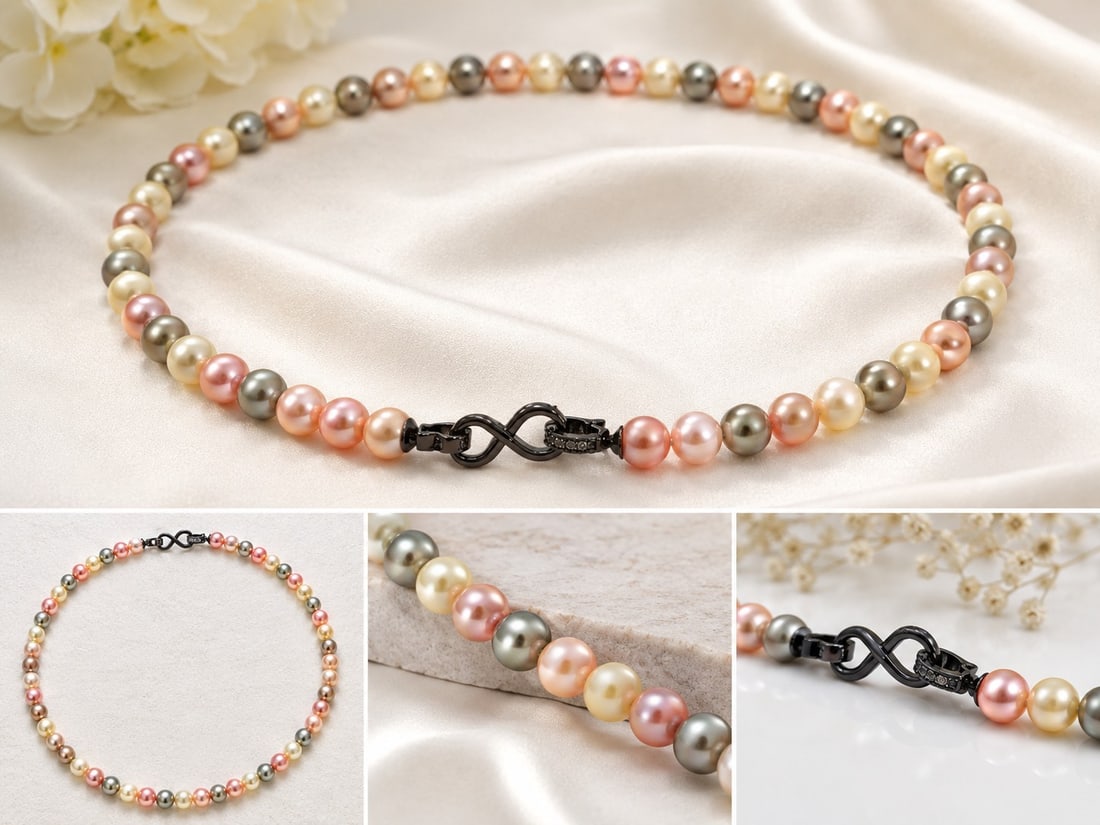 Multicolour 8mm Pearl Beaded Necklace with Infinity Clasp: Title: Multicolour 8mm Pearl Beaded Necklace with Infinity Clasp Description: Elegant necklace featuring 8mm multicolour pearl beads in soft pink, cream, peach and grey tones. Finished with a
