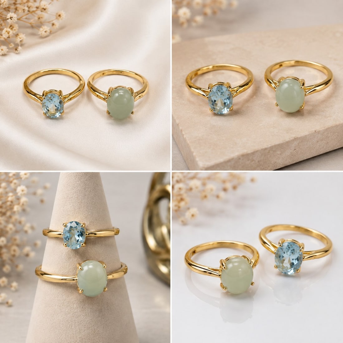 Two Gemstone Rings – Natural Blue Topaz & Natural Moonstone: Title: Two Gemstone Rings – Natural Blue Topaz & Natural Moonstone Description: Elegant pair of rings featuring natural gemstones. One ring is set with a faceted natural blue topaz, while
