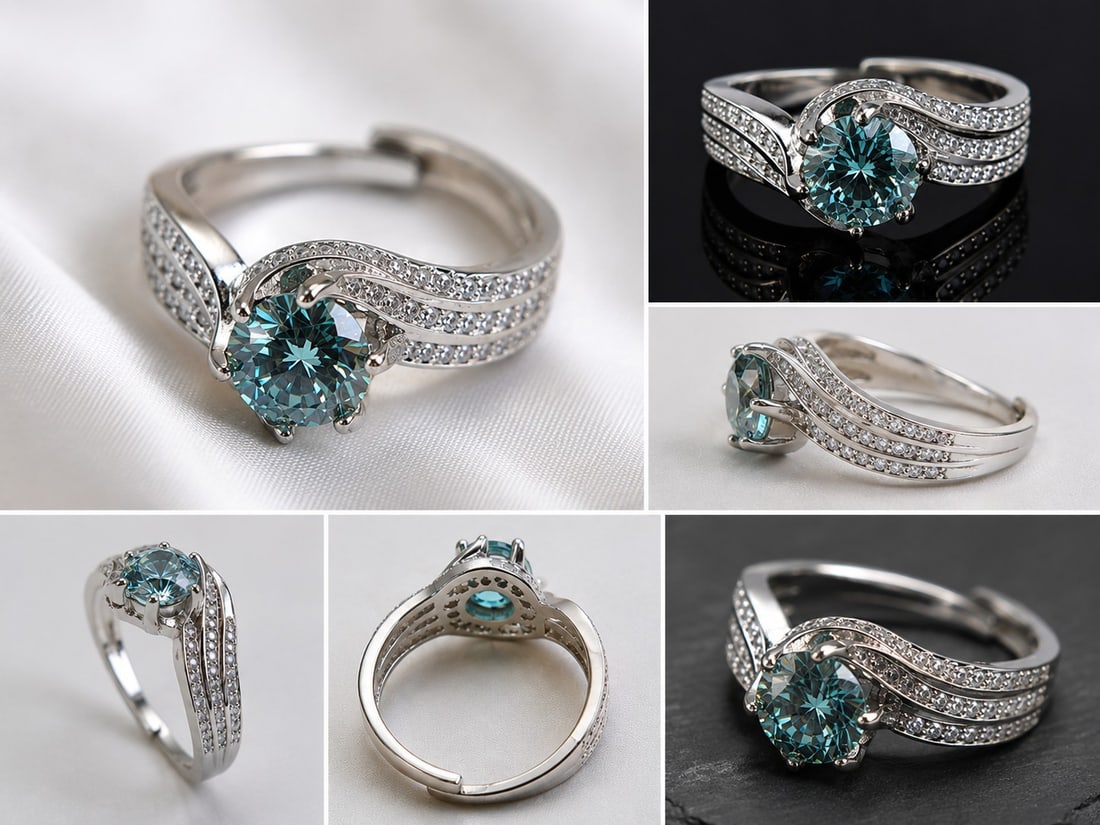 2ct Blue Moissanite Statement Ring: Title: 2ct Blue Moissanite Statement Ring Description: Elegant ring featuring a 2ct round brilliant blue moissanite centre stone, surrounded by sparkling accent stones in a flowing multi-row design.