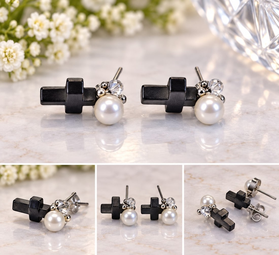 Black Cross & Pearl Stud Earrings: Title: Black Cross & Pearl Stud Earrings Description: Stylish pair of stud earrings featuring a modern black cross design accented with pearl-style beads, clear faceted details and silver-tone