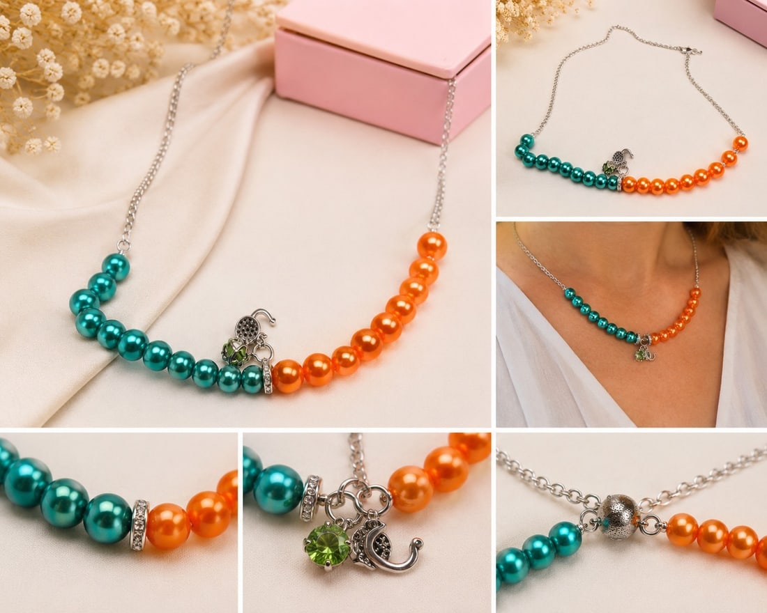 Two-Tone Faux Pearl & Silver-Tone Chain Necklace with Charms: Title: Two-Tone Faux Pearl & Silver-Tone Chain Necklace with Charms Description: Colourful necklace featuring glossy green and orange faux pearls combined with a silver-tone chain. Decorated with