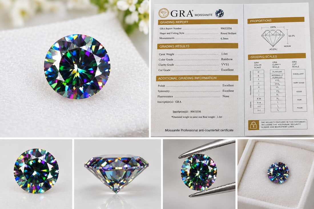 1.00ct Rainbow Moissanite – Round Brilliant – GRA Certificate: Title: 1.00ct Rainbow Moissanite – Round Brilliant – GRA Certificate Description: Stunning 1.00ct Rainbow Moissanite, round brilliant cut, measuring 6.5mm. Graded VVS1 clarity with