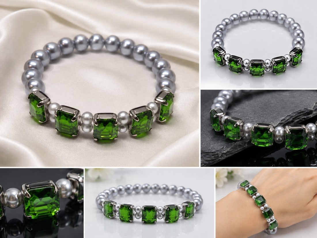 Grey Pearl Bracelet with Green Crystal Stones: Title: Grey Pearl Bracelet with Green Crystal Stones Description: Elegant elastic bracelet featuring lustrous grey pearl-style beads and five large faceted green crystal stones in silver-tone