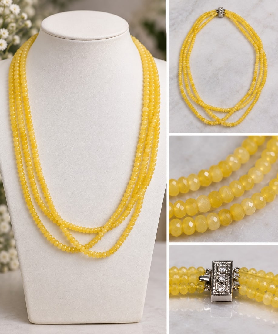 Elegant Multi-Strand Yellow Faceted Bead Necklace: Title: Elegant Multi-Strand Yellow Faceted Bead Necklace Description: Elegant multi-strand necklace featuring beautifully faceted yellow beads with a warm golden tone and attractive sparkle. Finished