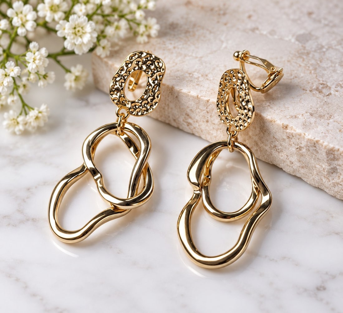 Gold-Tone Abstract Drop Clip-On Earrings: Title: Gold-Tone Abstract Drop Clip-On Earrings Description: A stylish pair of gold-tone drop earrings featuring a modern abstract design with interlocking open loops. The textured upper section adds