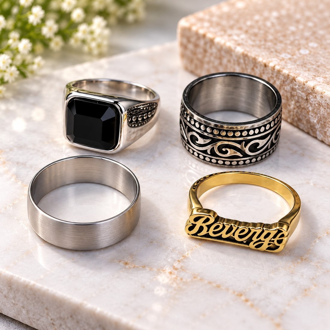 Set of Four Mixed Design Fashion Rings: Title: Set of Four Mixed Design Fashion Rings Description: A decorative set of four fashion rings in assorted designs, including a silver-tone signet ring with a black faceted stone, an ornate