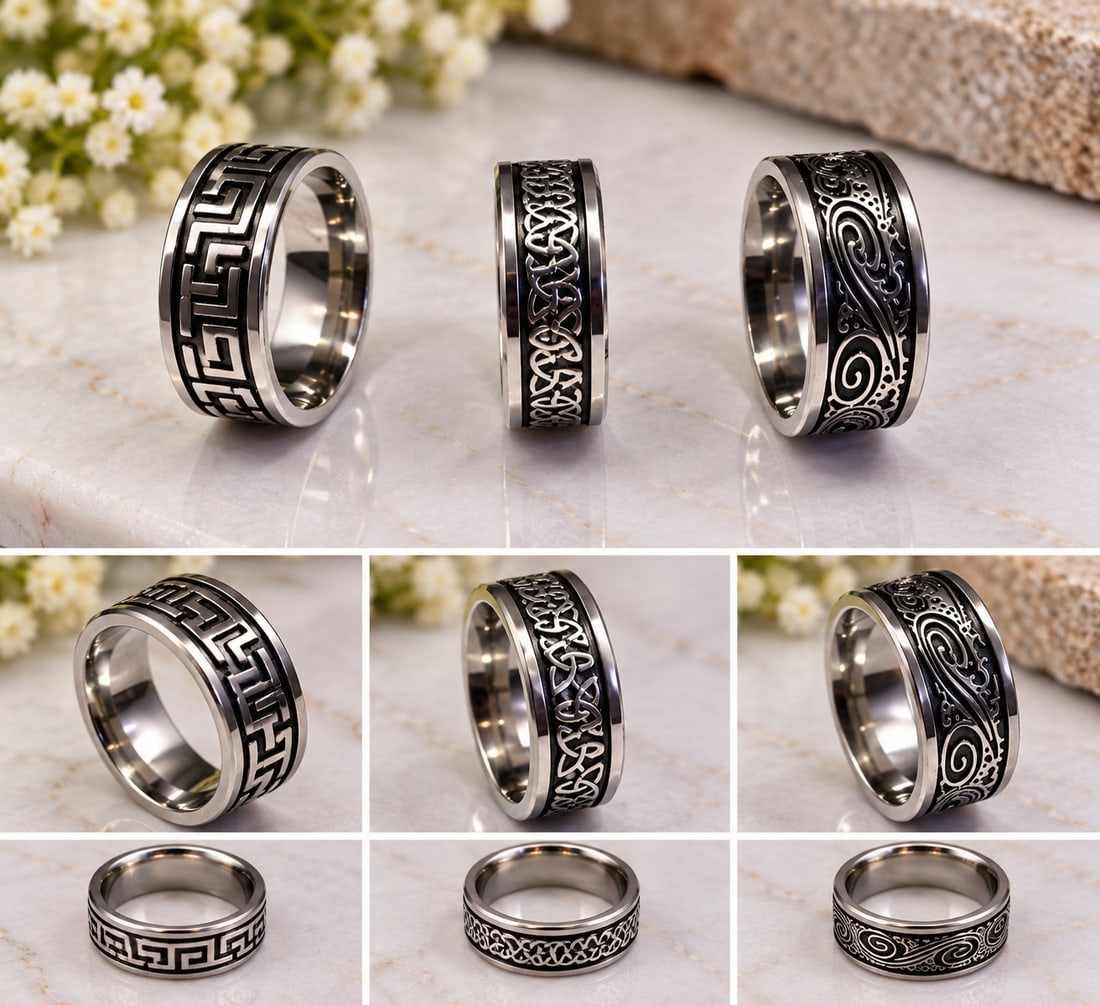 Set of 3 Stainless Steel Engraved Rings: Title: Set of 3 Stainless Steel Engraved Rings Description: Set of three stylish stainless steel rings featuring different engraved patterns with contrasting black details. Includes geometric,