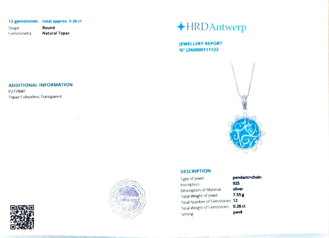HRD Certified White Topaz Enamel Pendant – 925 Sterling Silver - 6