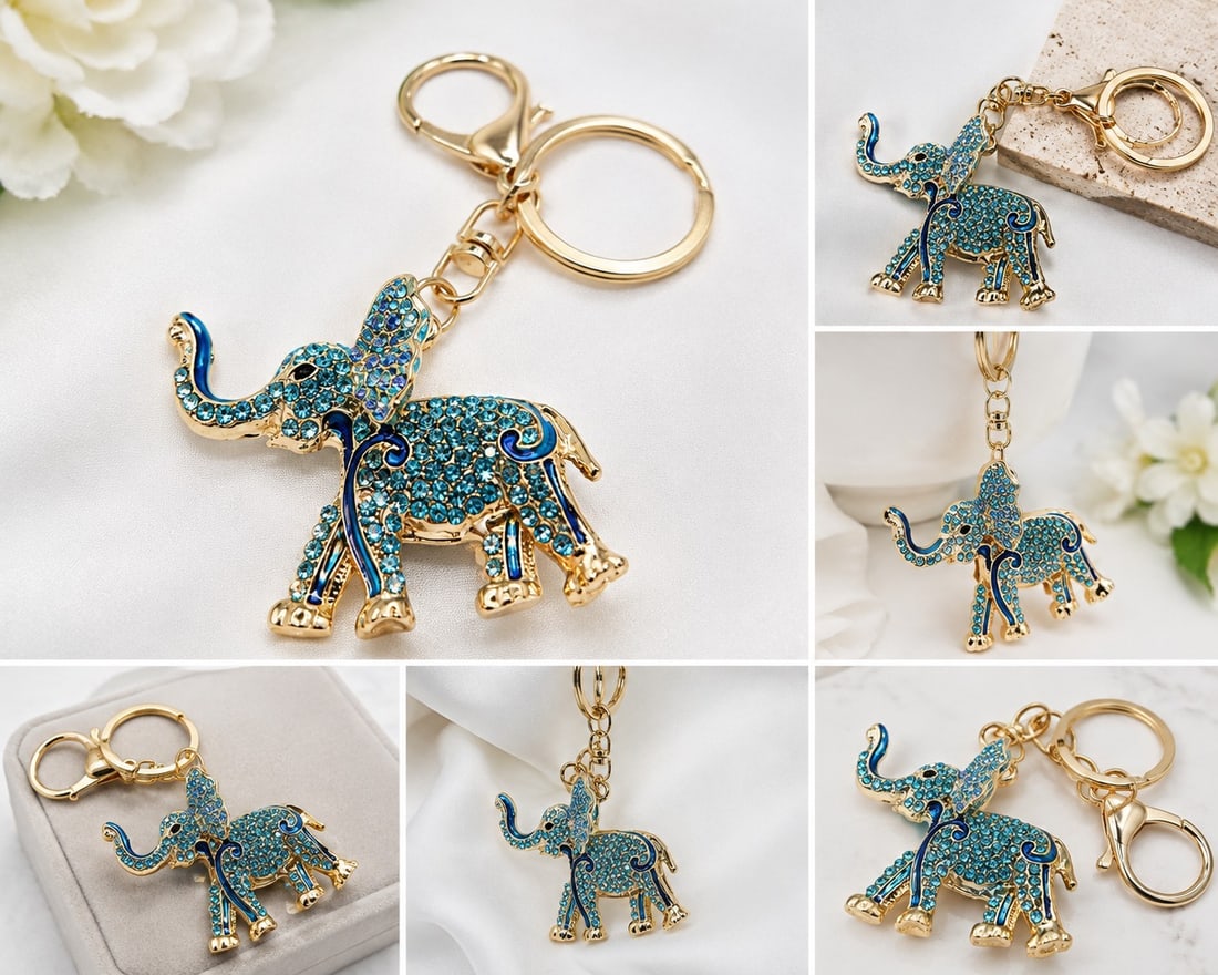 Blue Crystal Elephant Keyring: Title: Blue Crystal Elephant Keyring Description: Decorative elephant keyring with gold-tone metal, sparkling blue crystals and blue enamel details. Features a raised trunk design with key ring and