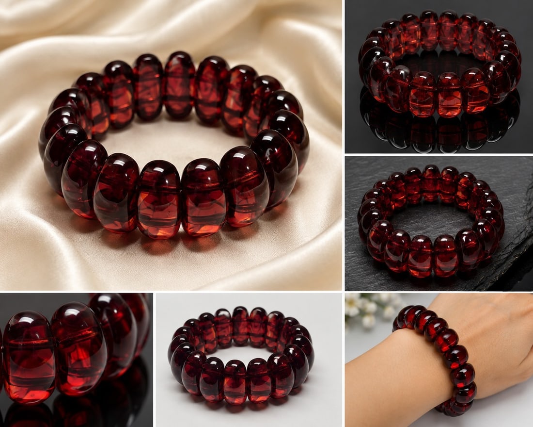Deep Red Amber-Style Stretch Bracelet: Title: Deep Red Amber-Style Stretch Bracelet Description: Chunky stretch bracelet featuring large polished translucent beads in rich deep red and cognac tones. The smooth rounded beads have a glossy