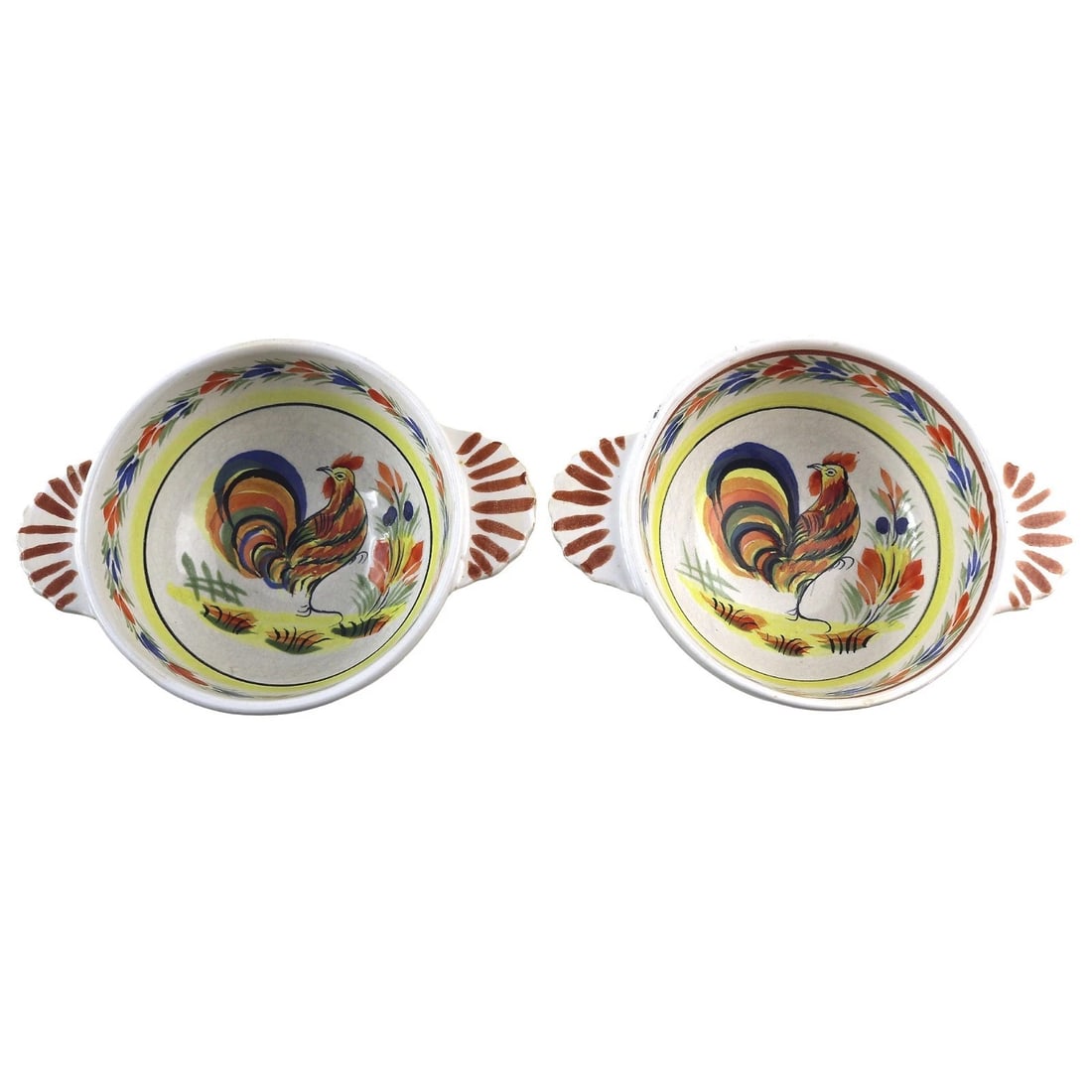 A Pair Vintage Henriot Quimper Faience Pottery Rooster Hand Painted Bowls C.20thC: Title: A Pair Vintage Henriot Quimper Faience Pottery Rooster Hand Painted Bowls C.20thC Description: A very attractive pair of Henriot Quimper Faience pottery Bowls, hand painted with roosters,