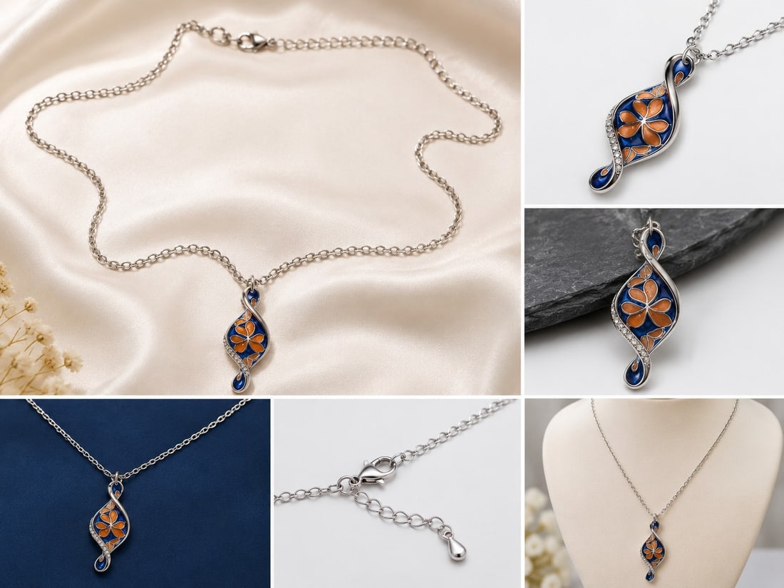 Blue & Orange Enamel Floral Pendant Necklace: Title: Blue & Orange Enamel Floral Pendant Necklace Description: Elegant silver-tone necklace featuring a decorative pendant with deep blue and orange enamel floral detailing. The flowing twisted