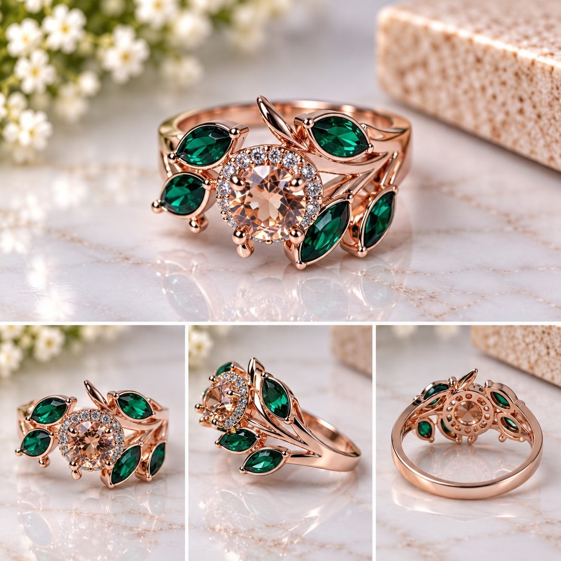 Rose Gold Tone Floral Ring with Green & Champagne Stones: Title: Rose Gold Tone Floral Ring with Green & Champagne Stones Description: Elegant rose gold tone ring featuring a round faceted champagne-colour centre stone surrounded by sparkling clear
