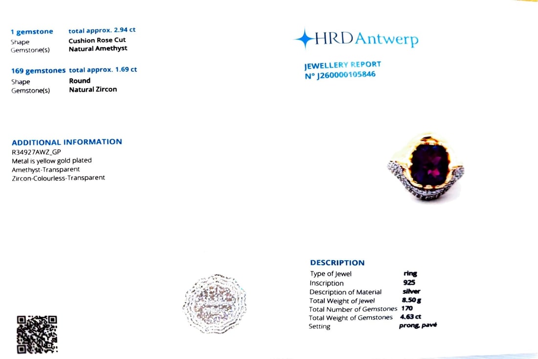 HRD Certified African Amethyst & Natural White Zircon Ring – 925 Sterling Silver - 5