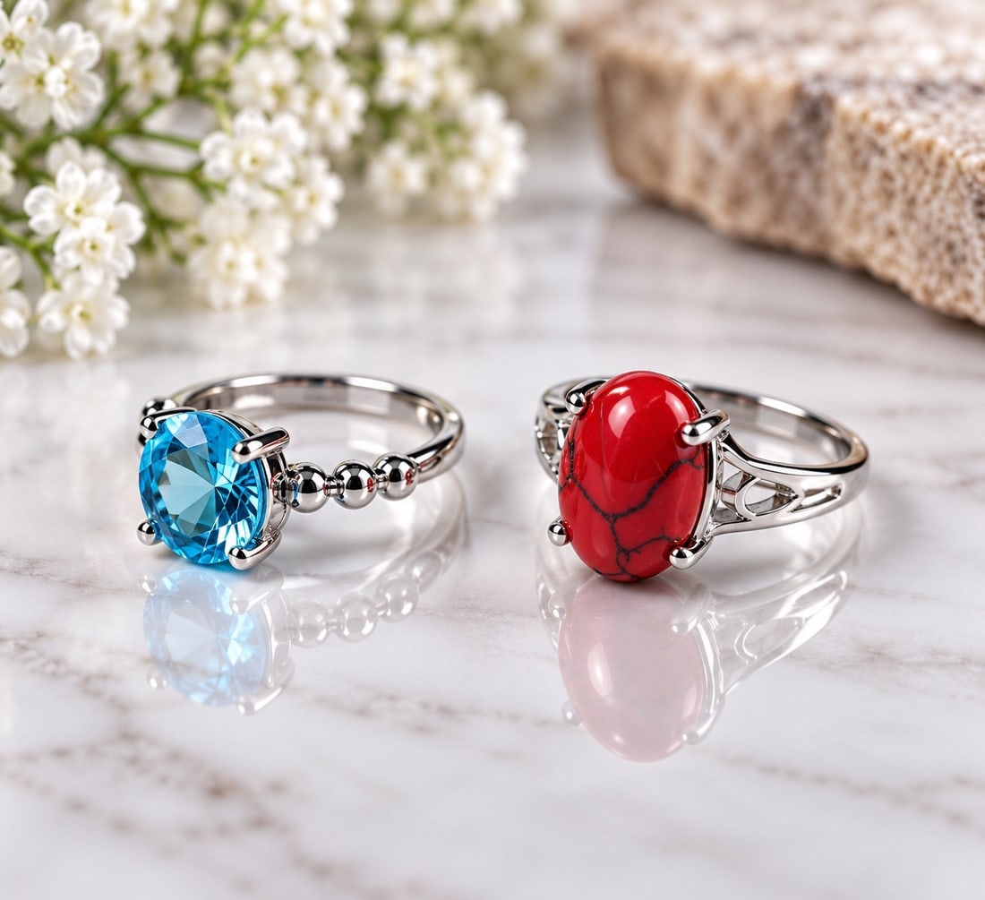 Set of Two Silver-Tone Rings with Blue & Red Stones: Title: Set of Two Silver-Tone Rings with Blue & Red Stones Description: A stylish set of two silver-tone rings featuring contrasting statement stones. One ring is set with a sparkling faceted