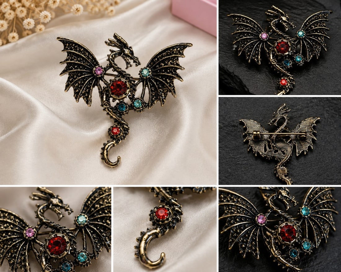 Vintage Style Dragon Brooch with Multicolour Stones – 6 cm: Title: Vintage Style Dragon Brooch with Multicolour Stones – 6 cm Description: Striking vintage-style dragon brooch featuring an intricate winged dragon design, decorated with multicoloured