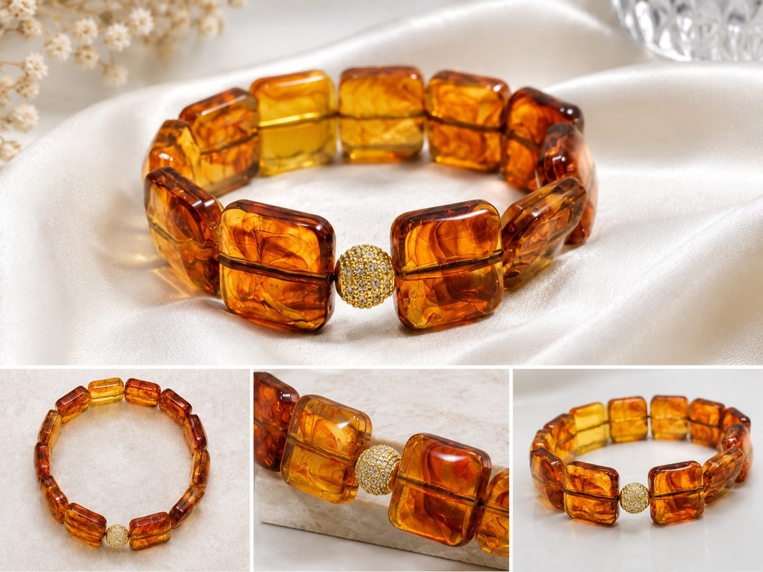 Amber Tone Square Beaded Bracelet with Sparkling Accent: Title: Amber Tone Square Beaded Bracelet with Sparkling Accent Description: Elegant stretch bracelet featuring polished square amber-tone beads in rich honey and cognac shades. Finished with a