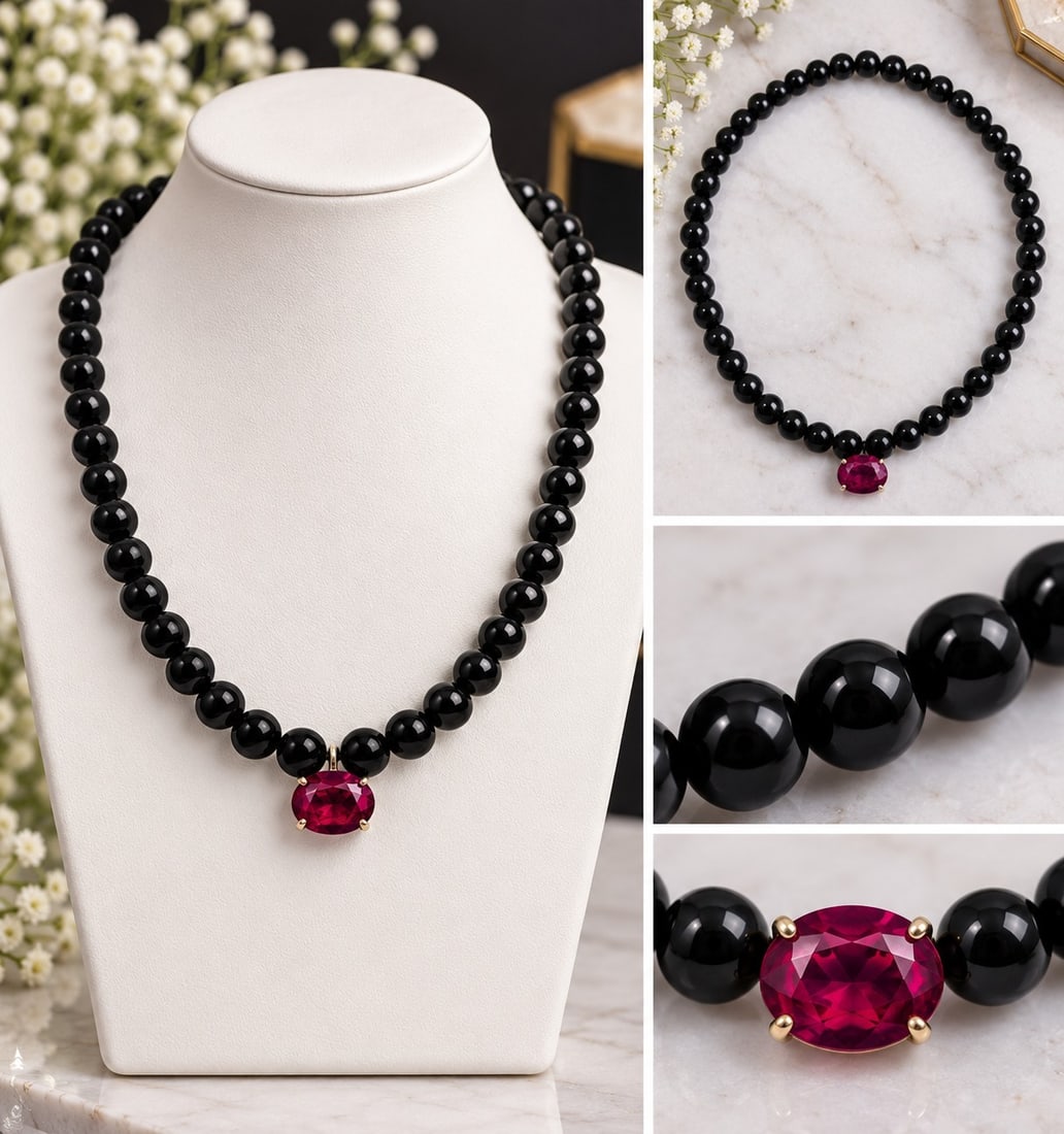 Black Beaded Necklace with Red Gemstone Centrepiece: Title: Black Beaded Necklace with Red Gemstone Centrepiece Description: Elegant necklace featuring polished round black beads and a striking faceted red gemstone centrepiece in a gold-tone setting. A
