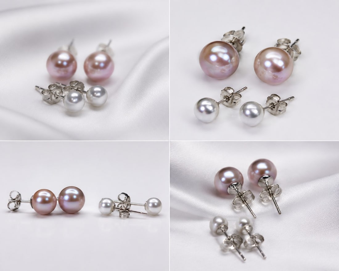 Two Pairs of Pearl Stud Earrings – Pink & White: Title: Two Pairs of Pearl Stud Earrings – Pink & White Description: Elegant set of two pairs of pearl stud earrings, featuring one pair of larger pink pearls and one pair of smaller white