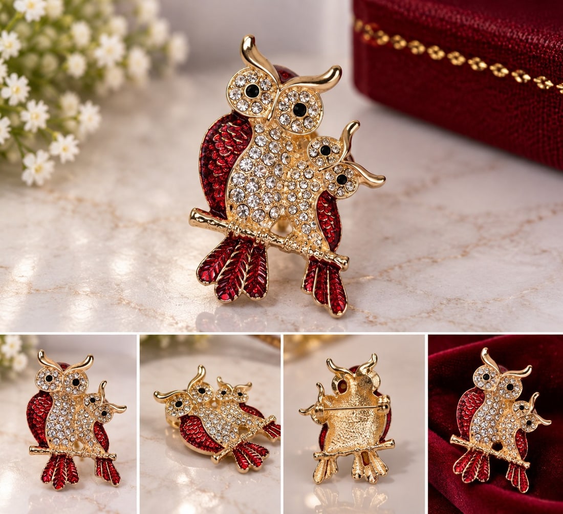 Gold Tone Owl Family Brooch with Red Enamel & Crystal Accents: Title: Gold Tone Owl Family Brooch with Red Enamel & Crystal Accents Description: Charming gold tone brooch featuring a detailed owl family design perched on a branch. Decorated with sparkling
