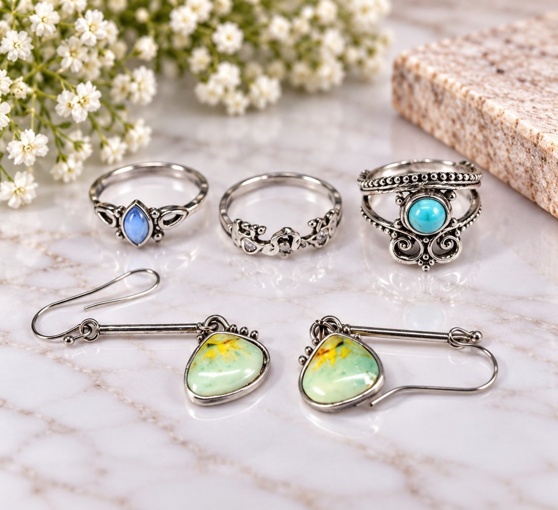 Mixed Silver-Tone Jewellery Set – Three Rings & Drop Earrings (1 of 1)