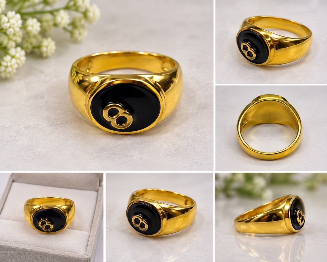 Gold Tone 8 Ball Signet Ring with Black Enamel: Title: Gold Tone 8 Ball Signet Ring with Black Enamel Description: Bold gold-tone signet ring featuring a black enamel face with a distinctive 8-ball design. A stylish statement ring with a polished