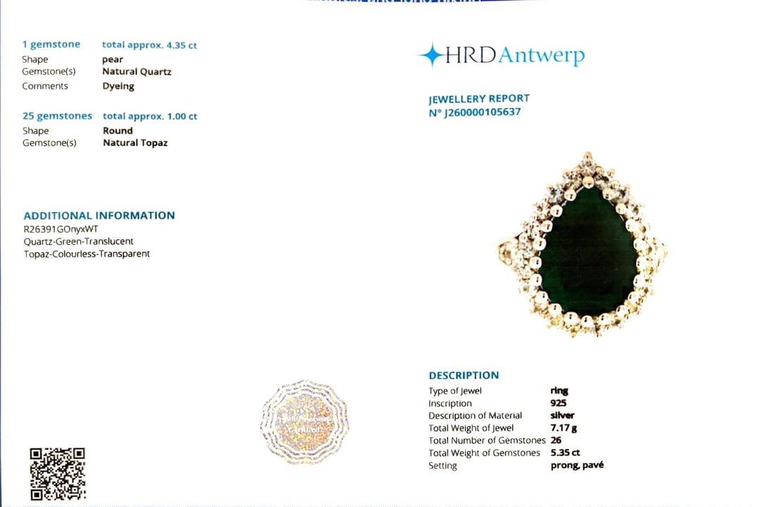 Title: HRD Certified Green Onyx & White Topaz Ring – 925 Sterling Silver Description: A fine 9 - 3