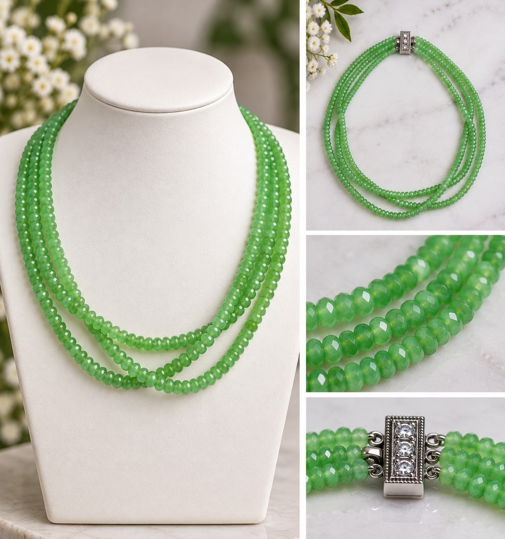 Elegant Green Multi-Strand Faceted Bead Necklace: Title: Elegant Green Multi-Strand Faceted Bead Necklace Description: Elegant three-strand necklace featuring small faceted green beads with a beautiful translucent finish. Completed with a decorative