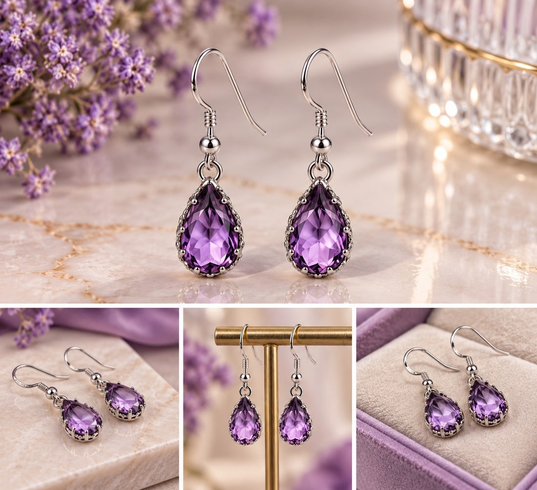 925 Sterling Silver Natural Amethyst Teardrop Drop Earrings: Title: 925 Sterling Silver Natural Amethyst Teardrop Drop Earrings Description: Elegant 925 sterling silver drop earrings set with natural faceted amethyst gemstones in a teardrop shape. Beautiful
