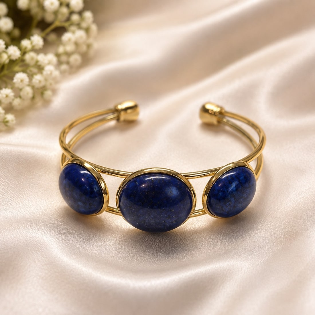 Lapis Lazuli Three-Stone Gold-Tone Cuff Bracelet: Title: Lapis Lazuli Three-Stone Gold-Tone Cuff Bracelet Description: Elegant open cuff bracelet featuring three polished oval lapis lazuli stones in rich deep blue tones, set in a polished gold-tone