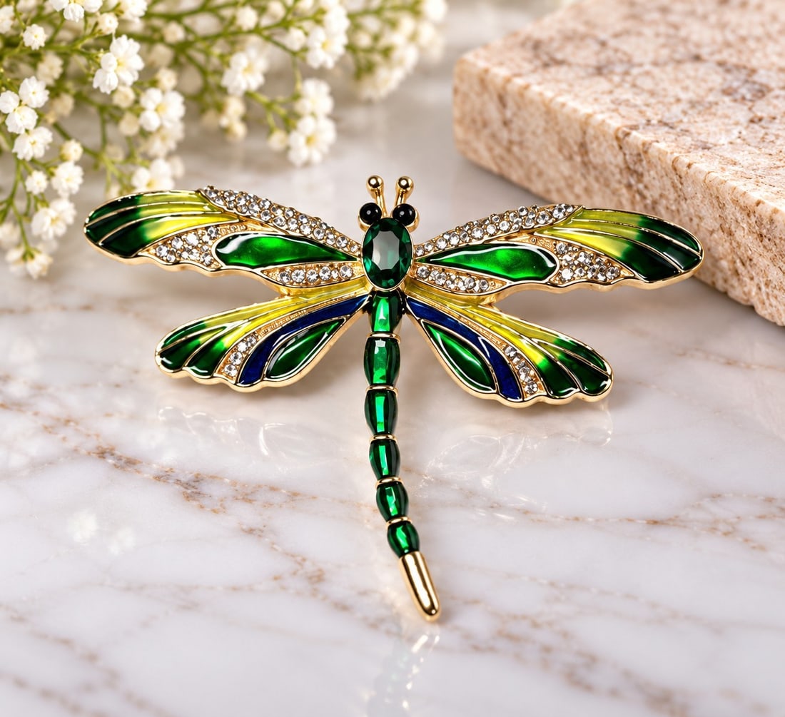 Green Enamel & Crystal Dragonfly Brooch: Title: Green Enamel & Crystal Dragonfly Brooch Description: A striking dragonfly brooch featuring vibrant green and blue enamel detailing with sparkling clear crystals. Designed in a gold-tone