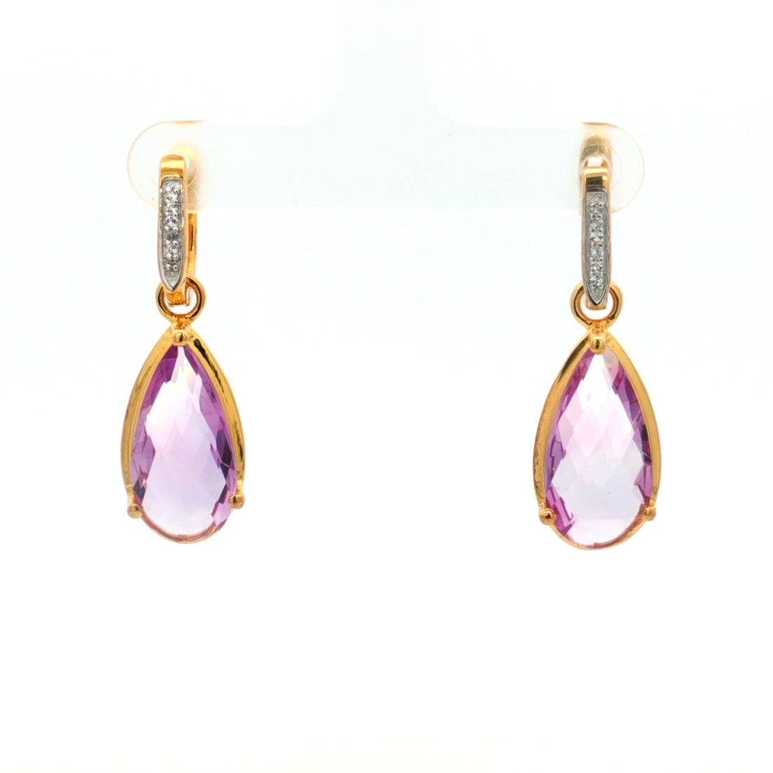 Earrings Pink Amethyst Briolite Pears 18x9mm - 2Pcs + White Topaz Round 1.10mm - 6Pcs + White Top...: Title: Earrings Pink Amethyst Briolite Pears 18x9mm - 2Pcs + White Topaz Round 1.10mm - 6Pcs + White Topaz Description: A fine pair of 925 Sterling Silver earrings featuring Pink Amethyst and White