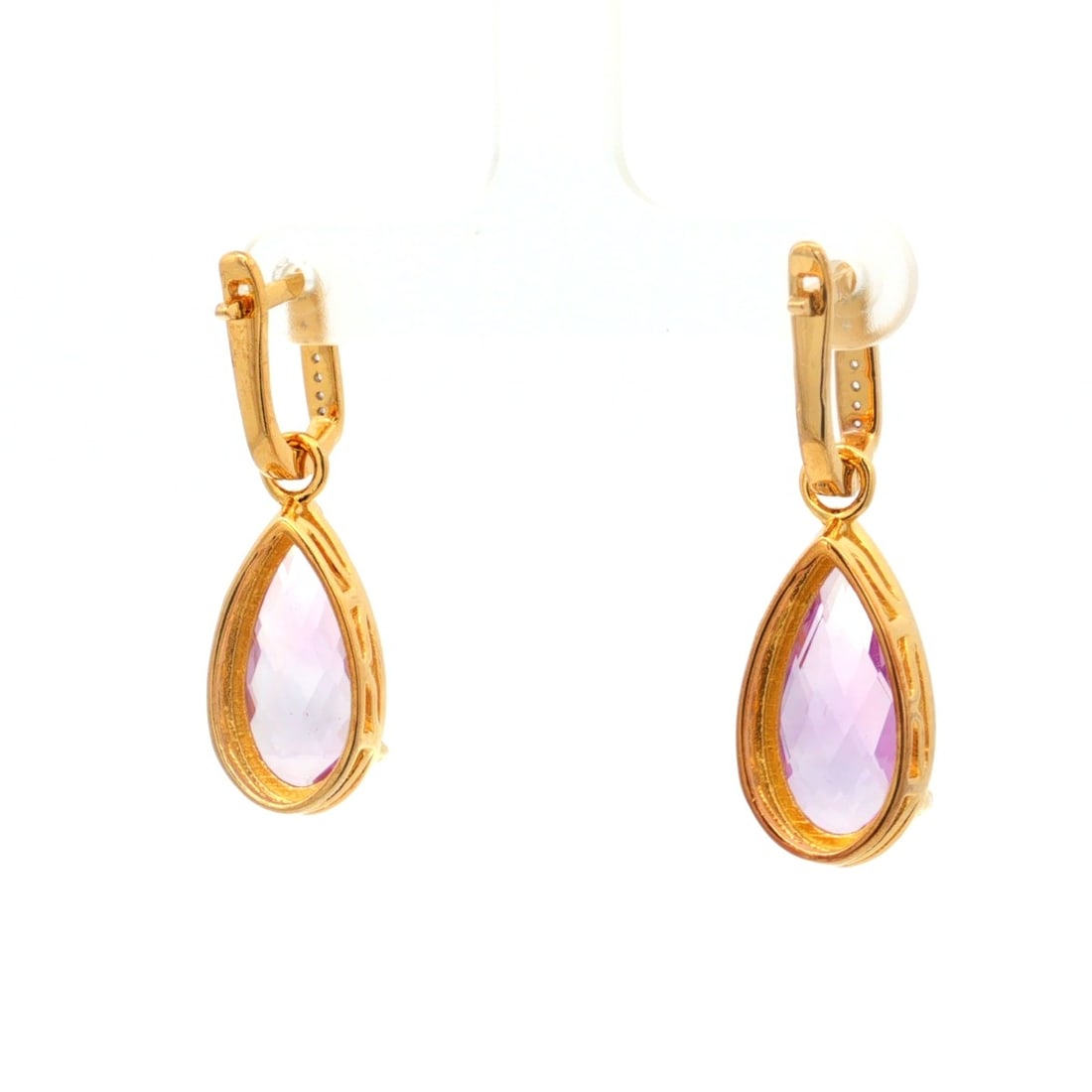 Title: Earrings Pink Amethyst Briolite Pears 18x9mm - 2Pcs + White Topaz Round 1.10mm - 6Pcs + White - 2