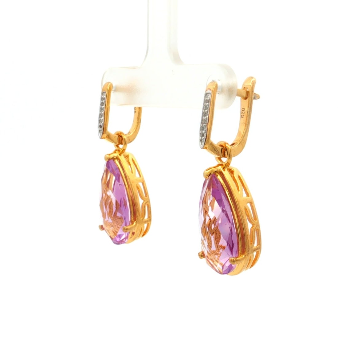 Title: Earrings Pink Amethyst Briolite Pears 18x9mm - 2Pcs + White Topaz Round 1.10mm - 6Pcs + White - 3