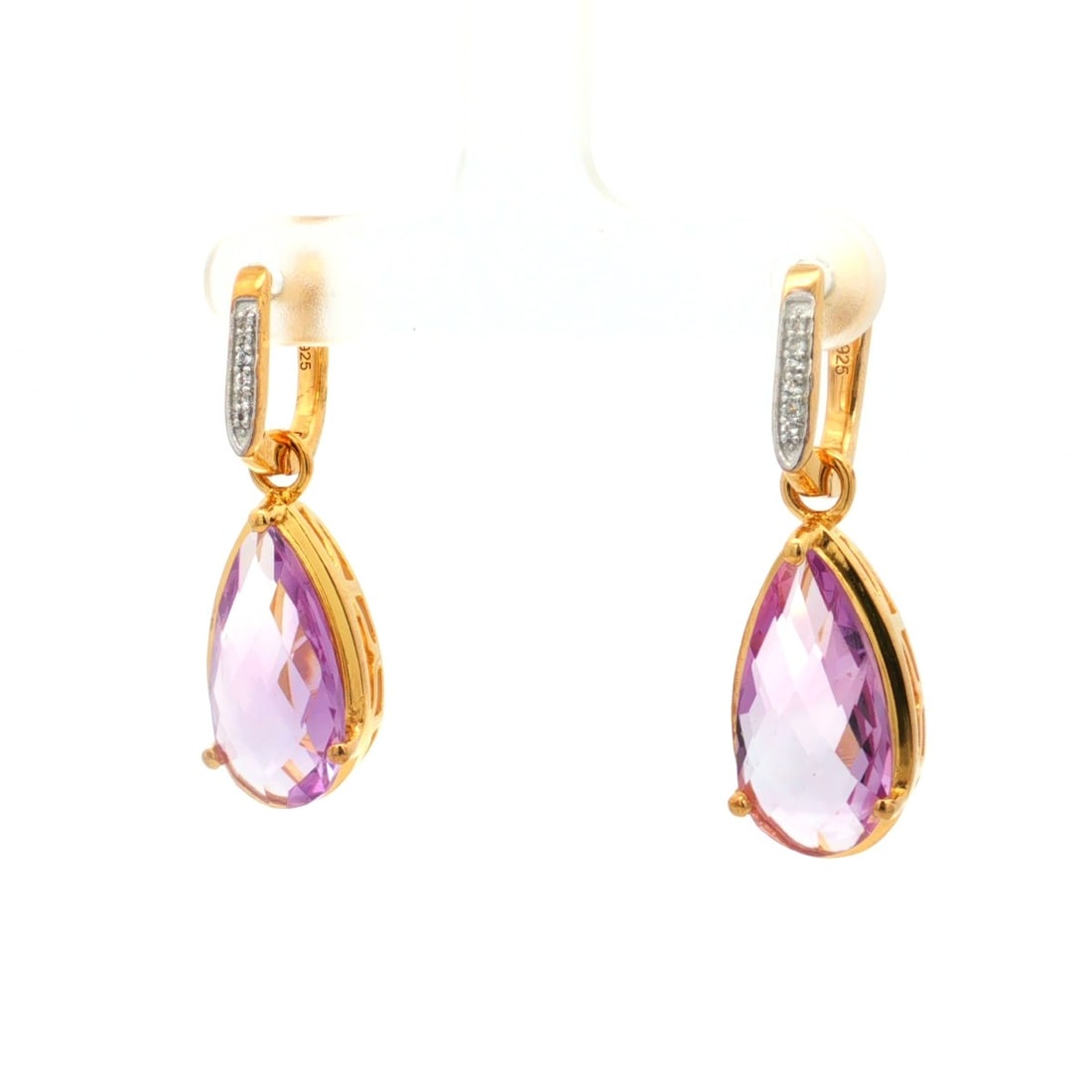 Title: Earrings Pink Amethyst Briolite Pears 18x9mm - 2Pcs + White Topaz Round 1.10mm - 6Pcs + White - 4