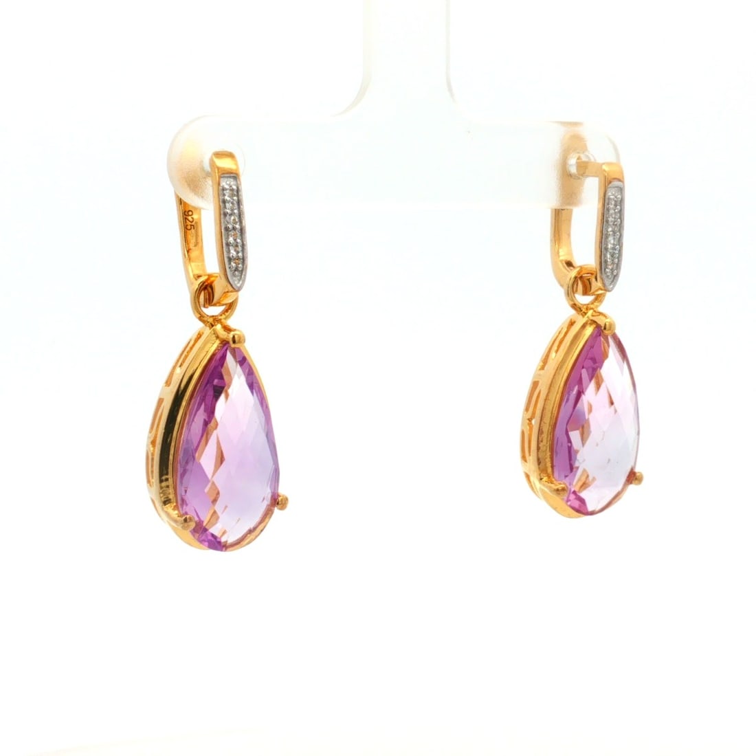 Title: Earrings Pink Amethyst Briolite Pears 18x9mm - 2Pcs + White Topaz Round 1.10mm - 6Pcs + White - 5