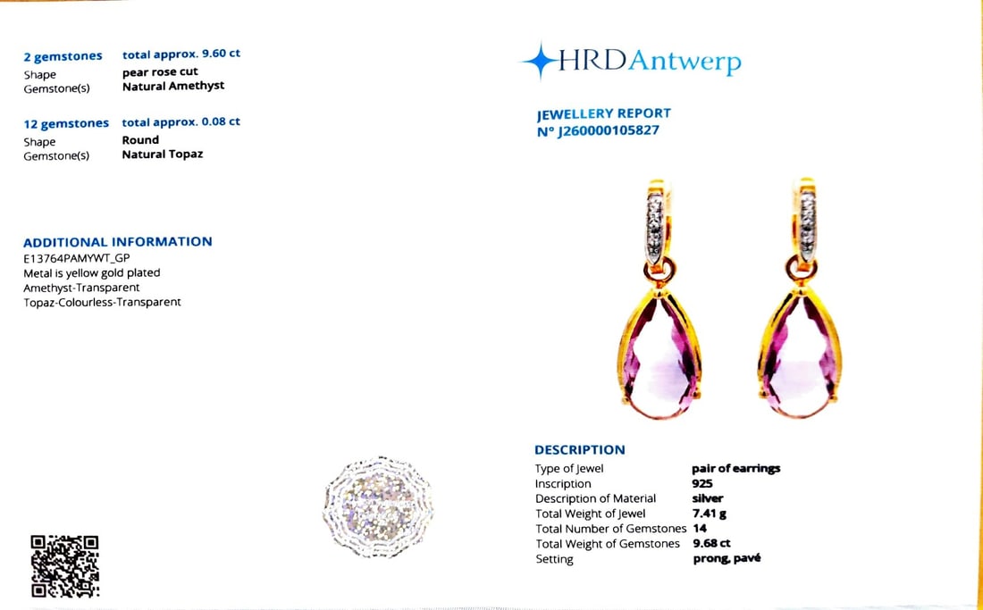 Title: Earrings Pink Amethyst Briolite Pears 18x9mm - 2Pcs + White Topaz Round 1.10mm - 6Pcs + White - 6