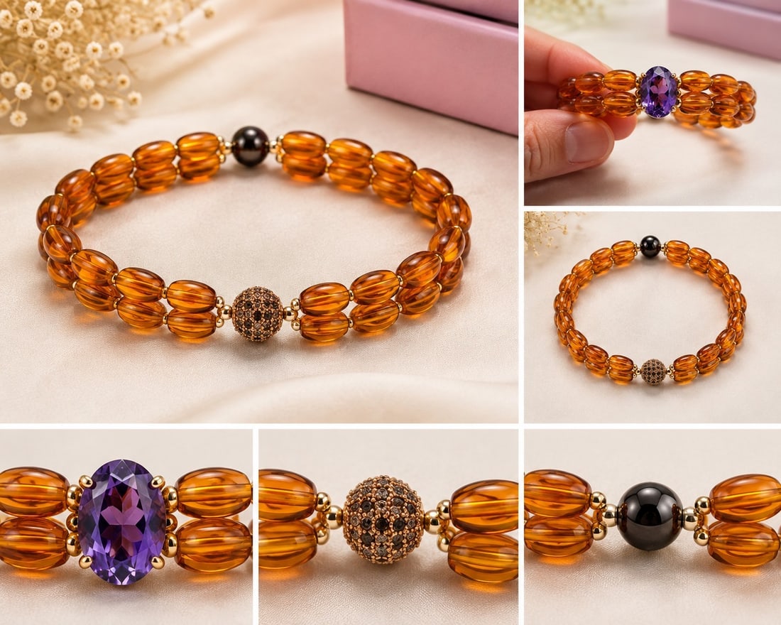 Alexandrite & Amber Beaded Bracelet – 11x9mm Stone – 17cm: Title: Alexandrite & Amber Beaded Bracelet – 11x9mm Stone – 17cm Description: Elegant double-strand bracelet featuring warm amber-coloured beads with a faceted 11 x 9 mm alexandrite