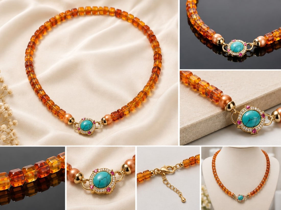 Amber-Style Beaded Necklace with Turquoise Centrepiece: Title: Amber-Style Beaded Necklace with Turquoise Centrepiece Description: Elegant necklace featuring translucent amber-style beads in warm honey and cognac tones. The design is completed with a