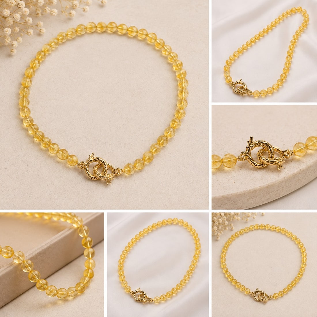 Yellow Citrine Bead Necklace with Gold-Tone Dragon Clasp: Title: Yellow Citrine Bead Necklace with Gold-Tone Dragon Clasp Description: Attractive necklace featuring polished translucent yellow gemstone beads, believed to be citrine, displaying warm golden