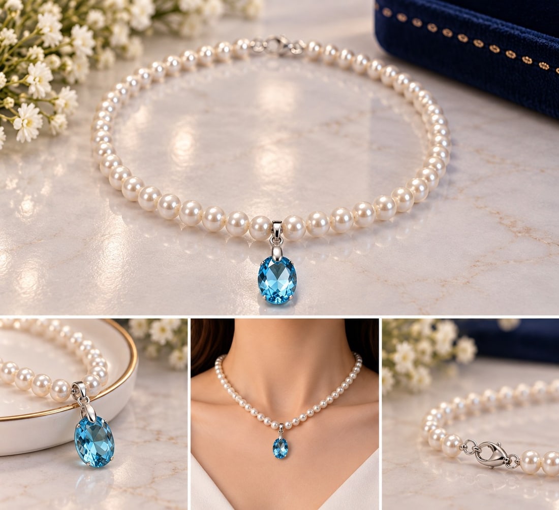 6mm Pearl Necklace with Natural Blue Topaz Pendant & 925 Sterling Silver Clasp: Title: 6mm Pearl Necklace with Natural Blue Topaz Pendant & 925 Sterling Silver Clasp Description: Elegant necklace featuring lustrous 6mm pearls with a beautiful faceted natural blue topaz