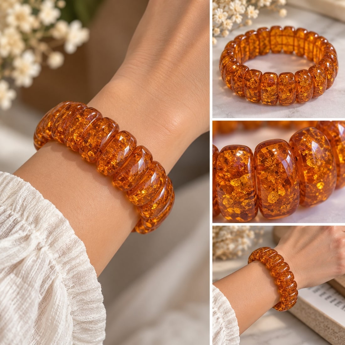 Chunky Amber-Style Stretch Bracelet – Honey Orange Statement Jewellery: Title: Chunky Amber-Style Stretch Bracelet – Honey Orange Statement Jewellery Description: Bold stretch bracelet featuring wide polished translucent beads in warm honey-orange tones with